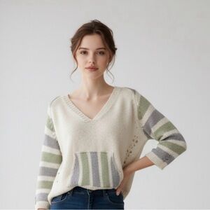 New -POL V Neck Striped Pocket Sweater - Cream & Sage